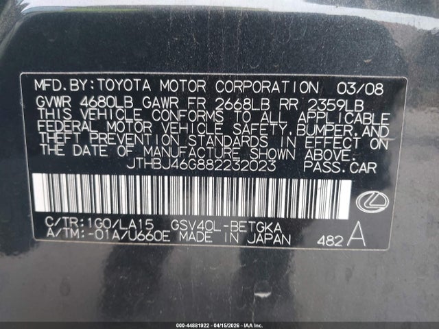2008 Lexus Es 350 მანქანა იყიდება აუქციონზე, vin: JTHBJ46G882232023, აუქციონის ნომერი: 44881922