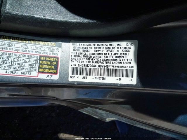 Aukcja sprzedaży 2004 Honda Civic Ex, vin: 1HGEM22044L007946, numer aukcji: 44881923