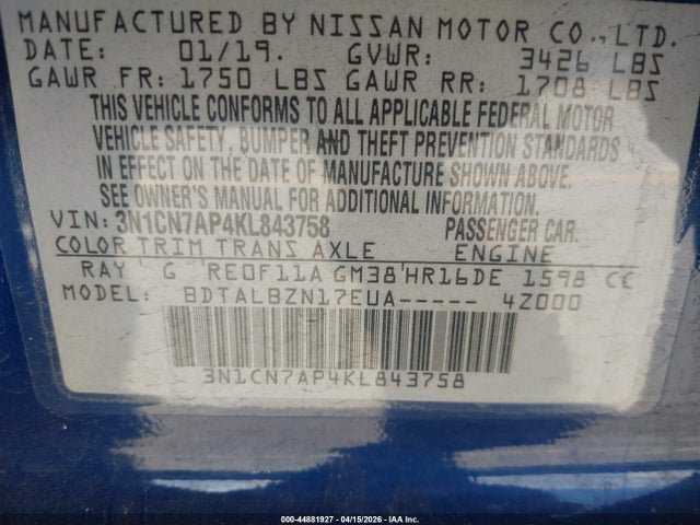 3N1CN7AP4KL843758 Nissan Versa 1.6 Sv