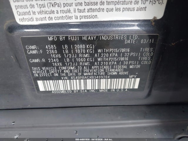 Aukcja sprzedaży 2011 Subaru Outback 2.5i, vin: 4S4BRBACXB3409204, numer aukcji: 44881930