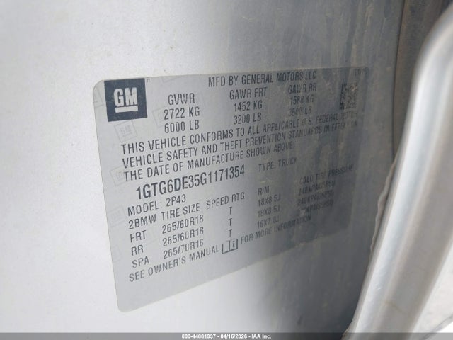 Auction sale of the 2016 Gmc Canyon Slt, vin: 1GTG6DE35G1171354, lot number: 44881937