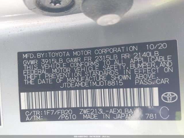 JTDEAMDE1MJ018815 Toyota Corolla Hybrid Le