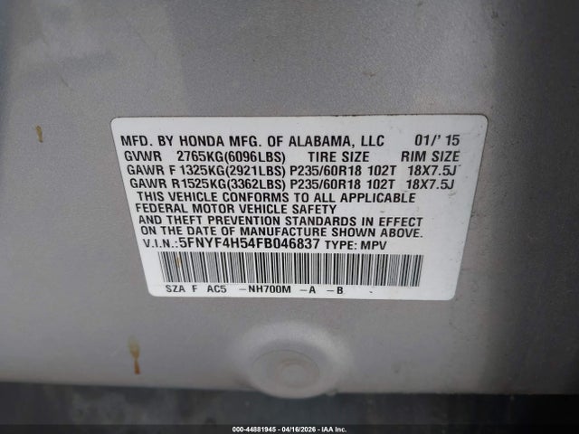 2015 HONDA PILOT 5FNYF4H54FB046837 Photo 8