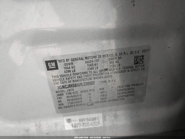Продаж на аукціоні авто 2017 Chevrolet Trax Premier, vin: 3GNCJMSB9HL238032, номер лоту: 44881949