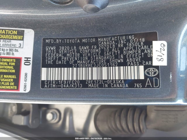 2T1BURHE3JC051162 Toyota COROLLA SE
