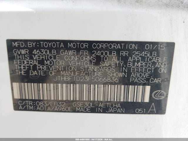 Aukcja sprzedaży 2015 Lexus Is 250 Crafted Line, vin: JTHBF1D23F5066836, numer aukcji: 44881955