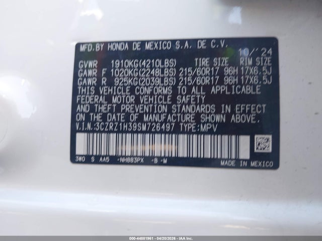 3CZRZ1H39SM726497 Honda Hr-v 2wd Lx