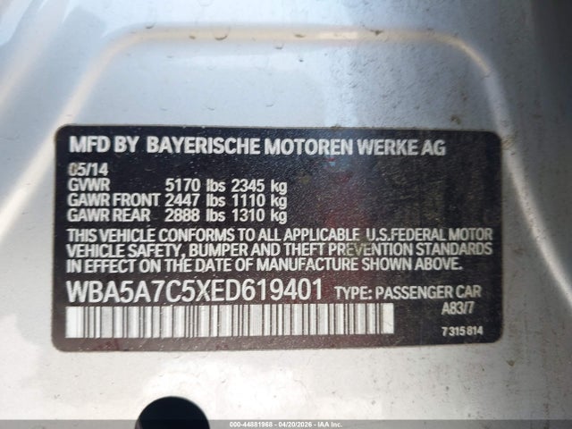 2014 Bmw 528i Xdrive მანქანა იყიდება აუქციონზე, vin: WBA5A7C5XED619401, აუქციონის ნომერი: 44881968