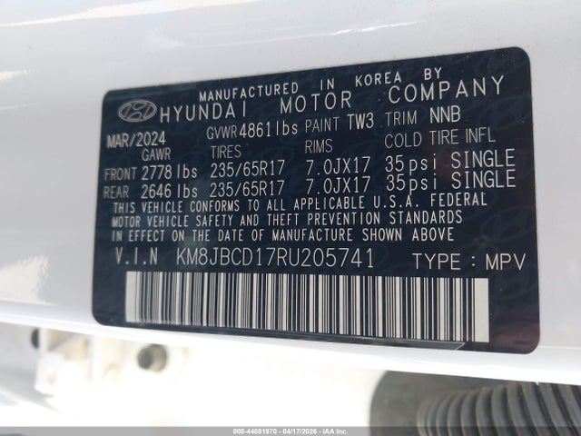 2024 Hyundai Tucson Hybrid Blue მანქანა იყიდება აუქციონზე, vin: KM8JBCD17RU205741, აუქციონის ნომერი: 44881970