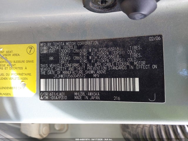 44881974 :رقم المزاد ، JTJHW31U560045512 vin ، 2006 Lexus Rx 400h مزاد بيع