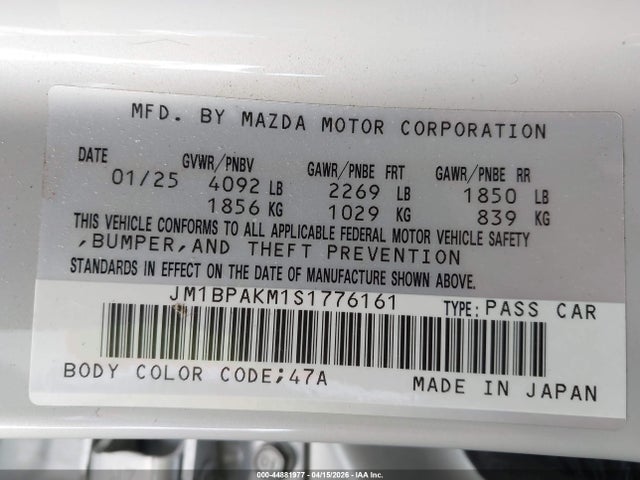Aukcja sprzedaży 2025 Mazda Mazda3 2.5 S Select Sport, vin: JM1BPAKM1S1776161, numer aukcji: 44881977