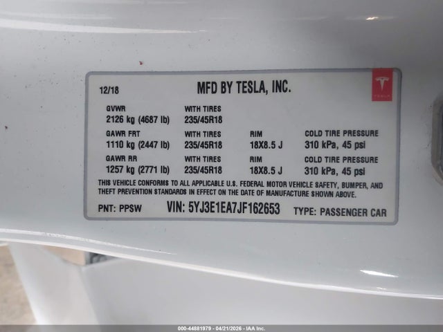 Aukcja sprzedaży 2018 Tesla Model 3 Long Range/mid Range, vin: 5YJ3E1EA7JF162653, numer aukcji: 44881979