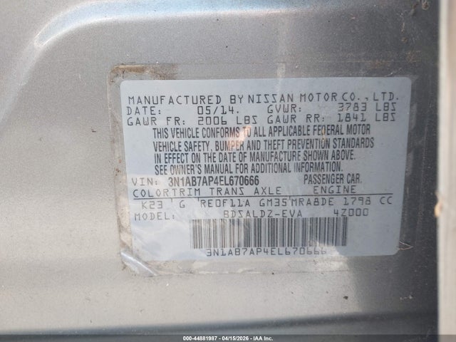 2014 Nissan Sentra Fe+ S/fe+ Sv/s/sl/sr/sv მანქანა იყიდება აუქციონზე, vin: 3N1AB7AP4EL670666, აუქციონის ნომერი: 44881987