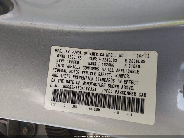 44881989 :رقم المزاد ، 1HGCR2F35DA166354 vin ، 2013 Honda Accord Lx مزاد بيع