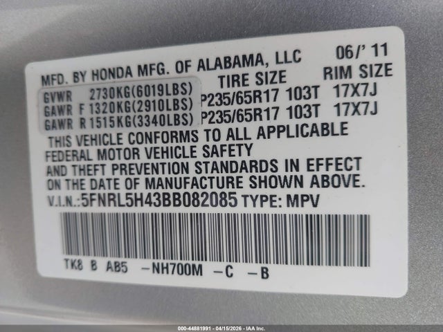 2011 HONDA ODYSSEY 5FNRL5H43BB082085 Photo 8