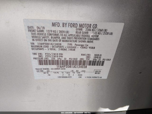 Продажа на аукционе авто 2018 Ford Taurus Se, vin: 1FAHP2D81JG134038, номер лота: 44882006