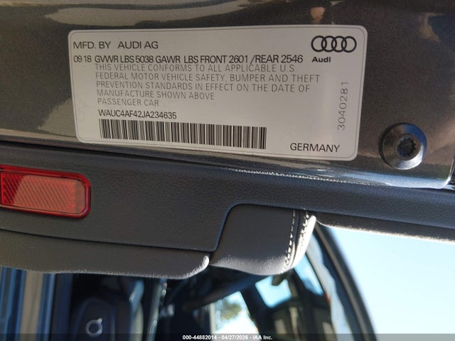 44882014 :رقم المزاد ، WAUC4AF42JA234635 vin ، 2018 Audi S4 3.0t Premium Plus مزاد بيع