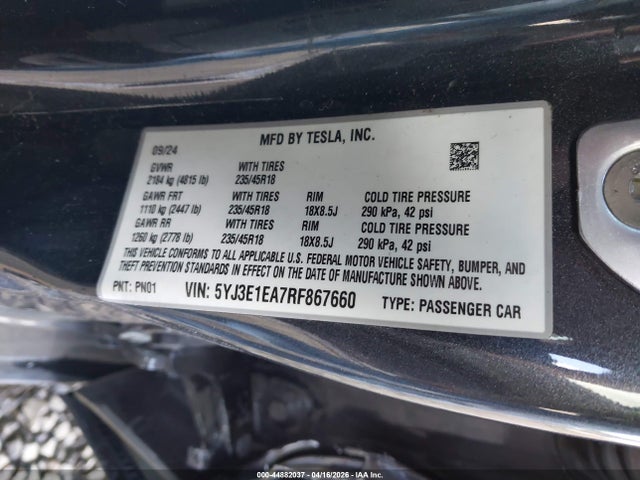 Aukcja sprzedaży 2024 Tesla Model 3 Long Range Dual Motor All-wheel Drive/rear-wheel Drive, vin: 5YJ3E1EA7RF867660, numer aukcji: 44882037