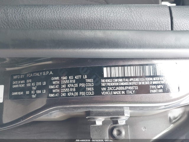 2018 Jeep Renegade Altitude Fwd მანქანა იყიდება აუქციონზე, vin: ZACCJABB9JPH68733, აუქციონის ნომერი: 44882038