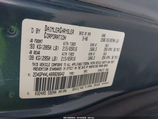 Продажа на аукционе авто 2006 Dodge Grand Caravan Sxt, vin: 2D4GP44L46R828642, номер лота: 44882044