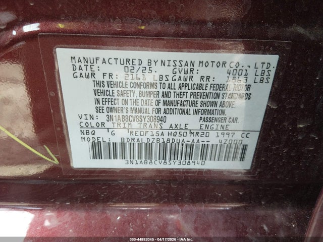 3N1AB8CV8SY308940 Nissan SENTRA SV