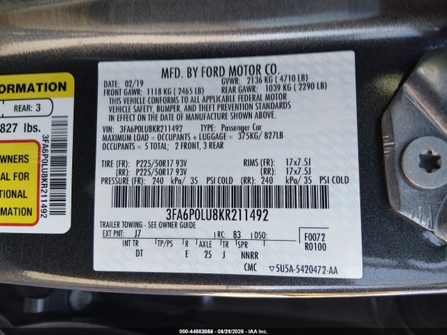 2019 FORD FUSION HYBRID 3FA6P0LU8KR211492 Photo 8