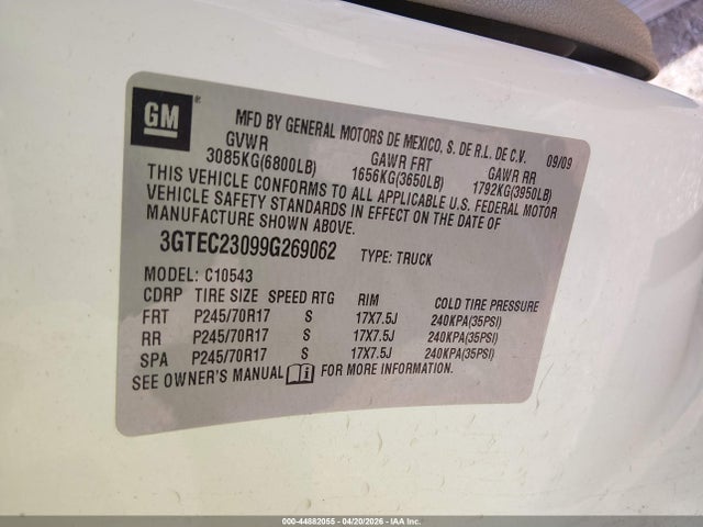 Aukcja sprzedaży 2009 Gmc Sierra 1500 Sle, vin: 3GTEC23099G269062, numer aukcji: 44882055