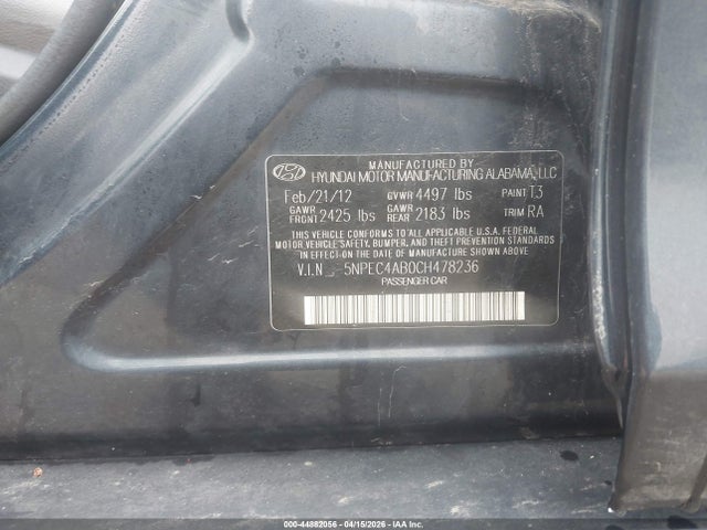 Продаж на аукціоні авто 2012 Hyundai Sonata Limited 2.0t, vin: 5NPEC4AB0CH478236, номер лоту: 44882056