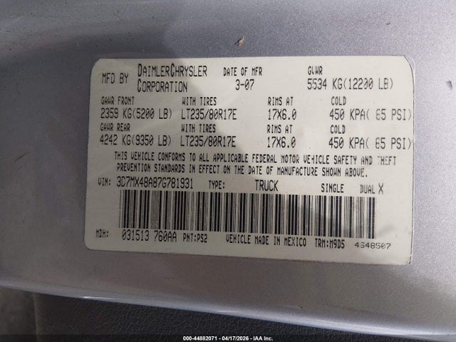 2007 Dodge Ram 3500 Slt/sport მანქანა იყიდება აუქციონზე, vin: 3D7MX48A87G781931, აუქციონის ნომერი: 44882071