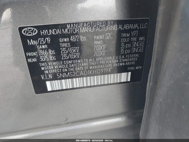 2019 HYUNDAI SANTA FE 5NMS2CAD1KH129194 Photo 8