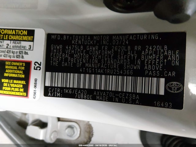 2024 Toyota Camry Se მანქანა იყიდება აუქციონზე, vin: 4T1G11AK1RU254366, აუქციონის ნომერი: 44882085