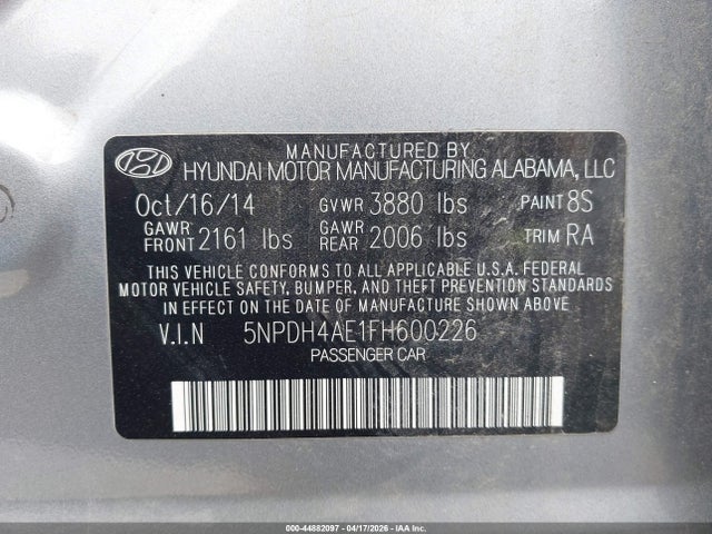 Продажа на аукционе авто 2015 Hyundai Elantra Se, vin: 5NPDH4AE1FH600226, номер лота: 44882097
