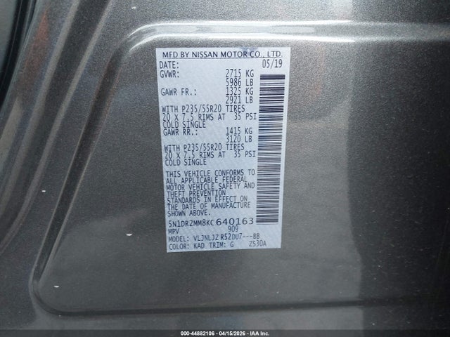 44882106 :رقم المزاد ، 5N1DR2MM8KC640163 vin ، 2019 Nissan Pathfinder Platinum مزاد بيع