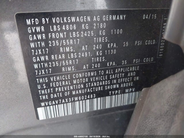 Aukcja sprzedaży 2015 Volkswagen Tiguan Se, vin: WVGAV7AX3FW602483, numer aukcji: 44882108