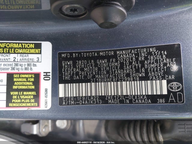 2T1BURHE8FC299818 Toyota Corolla S Premium