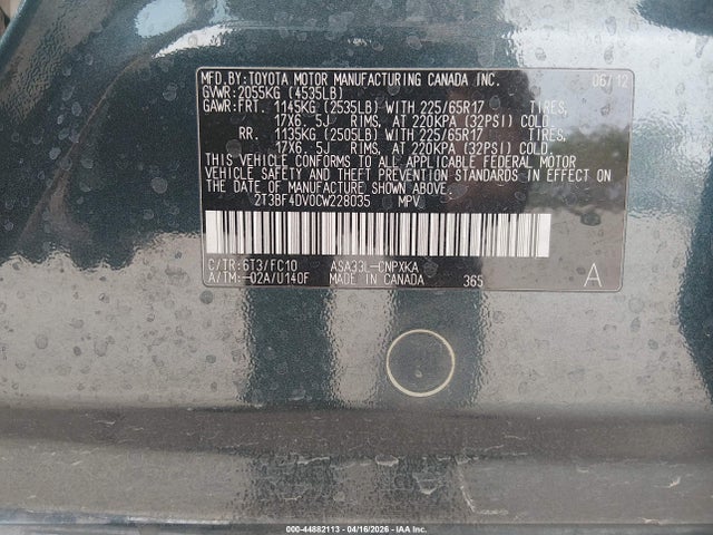 2012 Toyota Rav4 მანქანა იყიდება აუქციონზე, vin: 2T3BF4DV0CW228035, აუქციონის ნომერი: 44882113