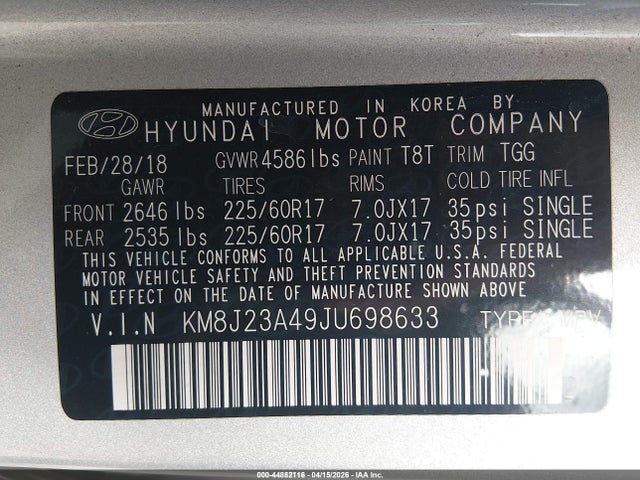 2018 HYUNDAI TUCSON KM8J23A49JU698633 Photo 8
