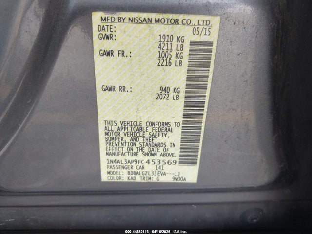 44882118 :رقم المزاد ، 1N4AL3AP9FC453569 vin ، 2015 Nissan Altima 2.5 S مزاد بيع