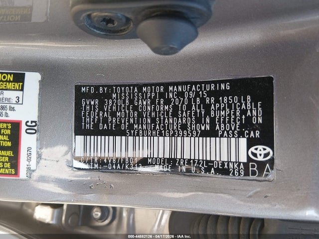 5YFBURHE1GP399597 Toyota Corolla Le Plus
