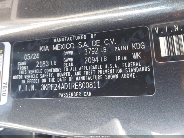 2024 Kia Forte Lxs მანქანა იყიდება აუქციონზე, vin: 3KPF24AD1RE800811, აუქციონის ნომერი: 44882137