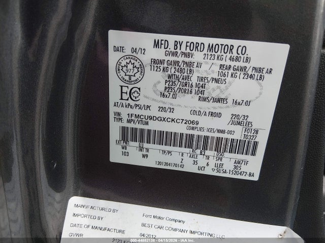 2012 FORD ESCAPE 1FMCU9DGXCKC72069 Photo 8