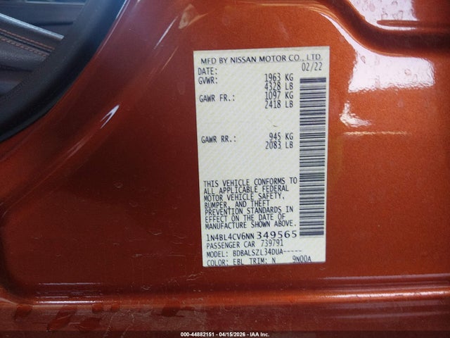 1N4BL4CV6NN349565 Nissan Altima Sr Fwd