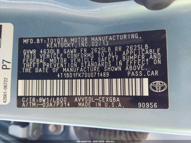 44882153 :رقم المزاد ، 4T1BD1FK7DU071489 vin ، 2013 Toyota Camry Hybrid Xle مزاد بيع