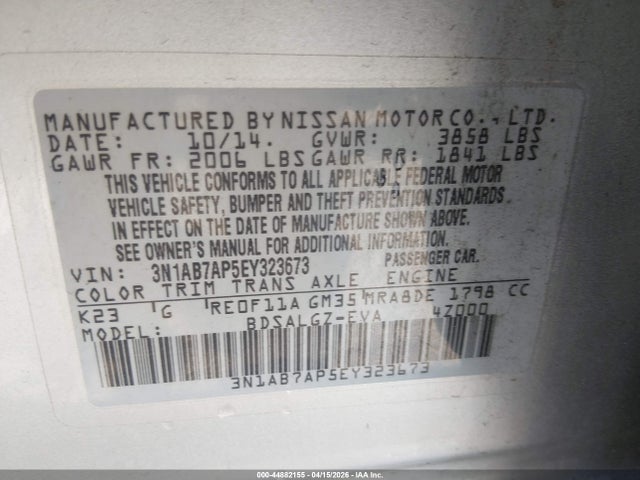 3N1AB7AP5EY323673 Nissan Sentra Fe+ S/fe+ Sv/s/sl/sr/sv