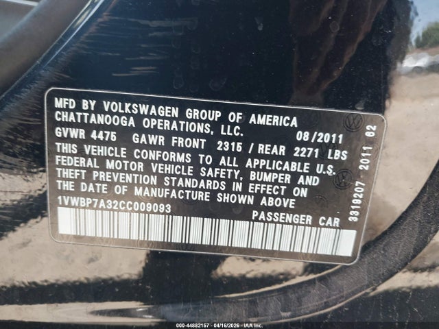 2012 Volkswagen Passat 2.5l Se მანქანა იყიდება აუქციონზე, vin: 1VWBP7A32CC009093, აუქციონის ნომერი: 44882157
