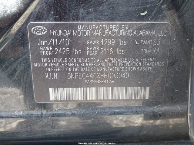 2011 Hyundai Sonata Ltd მანქანა იყიდება აუქციონზე, vin: 5NPEC4ACXBH003040, აუქციონის ნომერი: 44882168