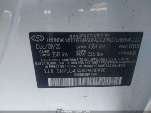 2021 Hyundai Sonata Se მანქანა იყიდება აუქციონზე, vin: 5NPEG4JA1MH100990, აუქციონის ნომერი: 44882173
