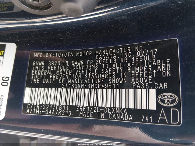 2017 Toyota Corolla Le მანქანა იყიდება აუქციონზე, vin: 2T1BURHE1HC849511, აუქციონის ნომერი: 44882183
