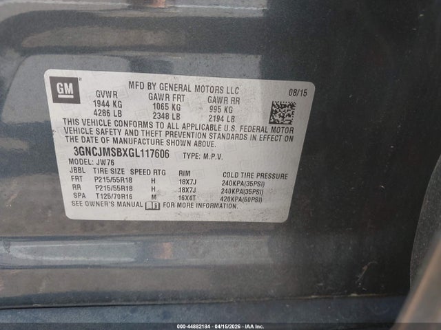 44882184 :رقم المزاد ، 3GNCJMSBXGL117606 vin ، 2016 Chevrolet Trax Ltz مزاد بيع