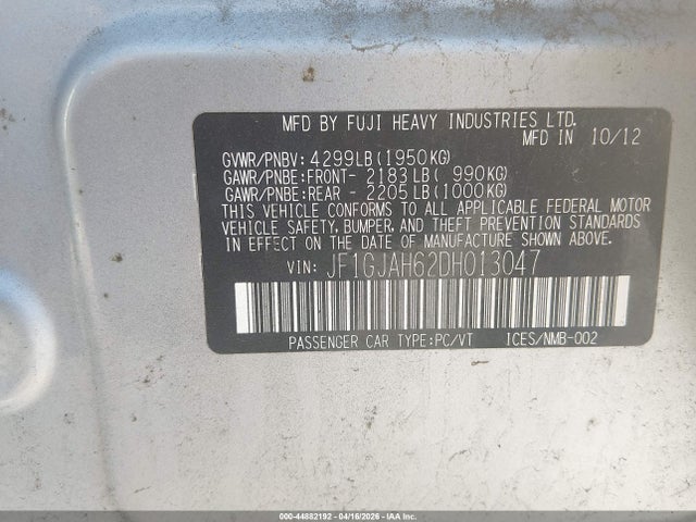 Продажа на аукционе авто 2013 Subaru Impreza 2.0i Limited, vin: JF1GJAH62DH013047, номер лота: 44882192